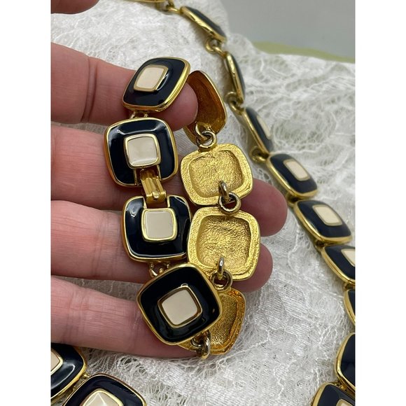 Vintage Resin Midnight Blue / Cream Gold Tone Double Square Design Necklace & Br - Picture 8 of 10